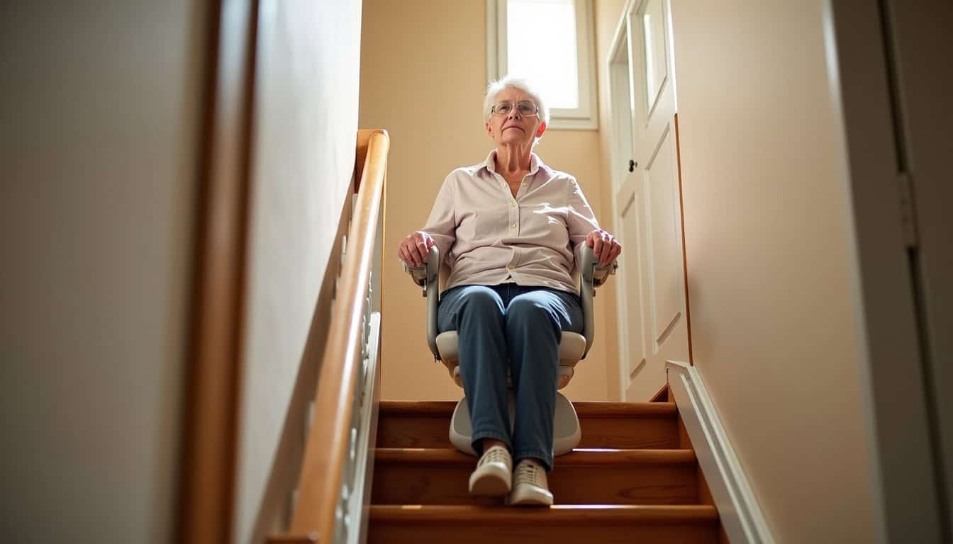 Personne âgée utilisant un monte-escalier dans une maison de La Regrippière, vue latérale