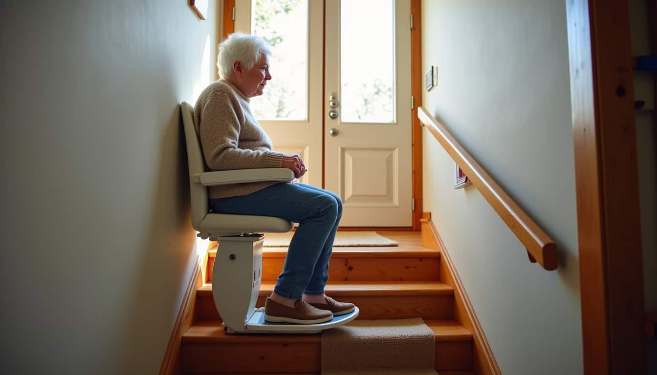 Personne âgée utilisant un monte-escalier dans une maison de Saint-Florent-sur-Cher