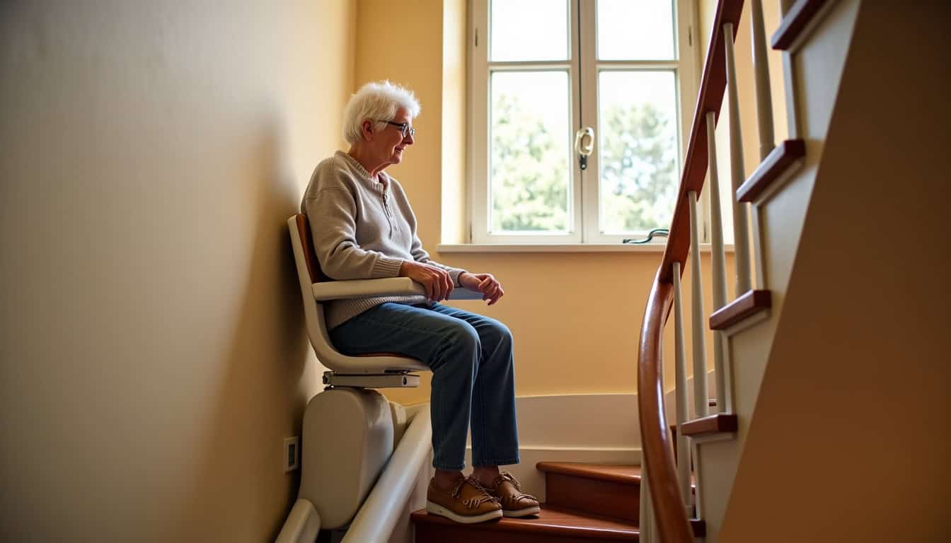 Personne âgée utilisant un monte-escalier tournant dans une maison à Jezainville