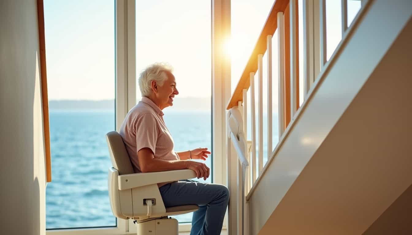 Personne utilisant un monte-escalier dans une maison à Plurien