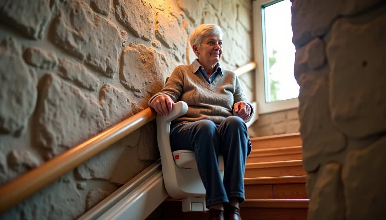 Personne utilisant un monte-escalier dans une maison de Plougoulm
