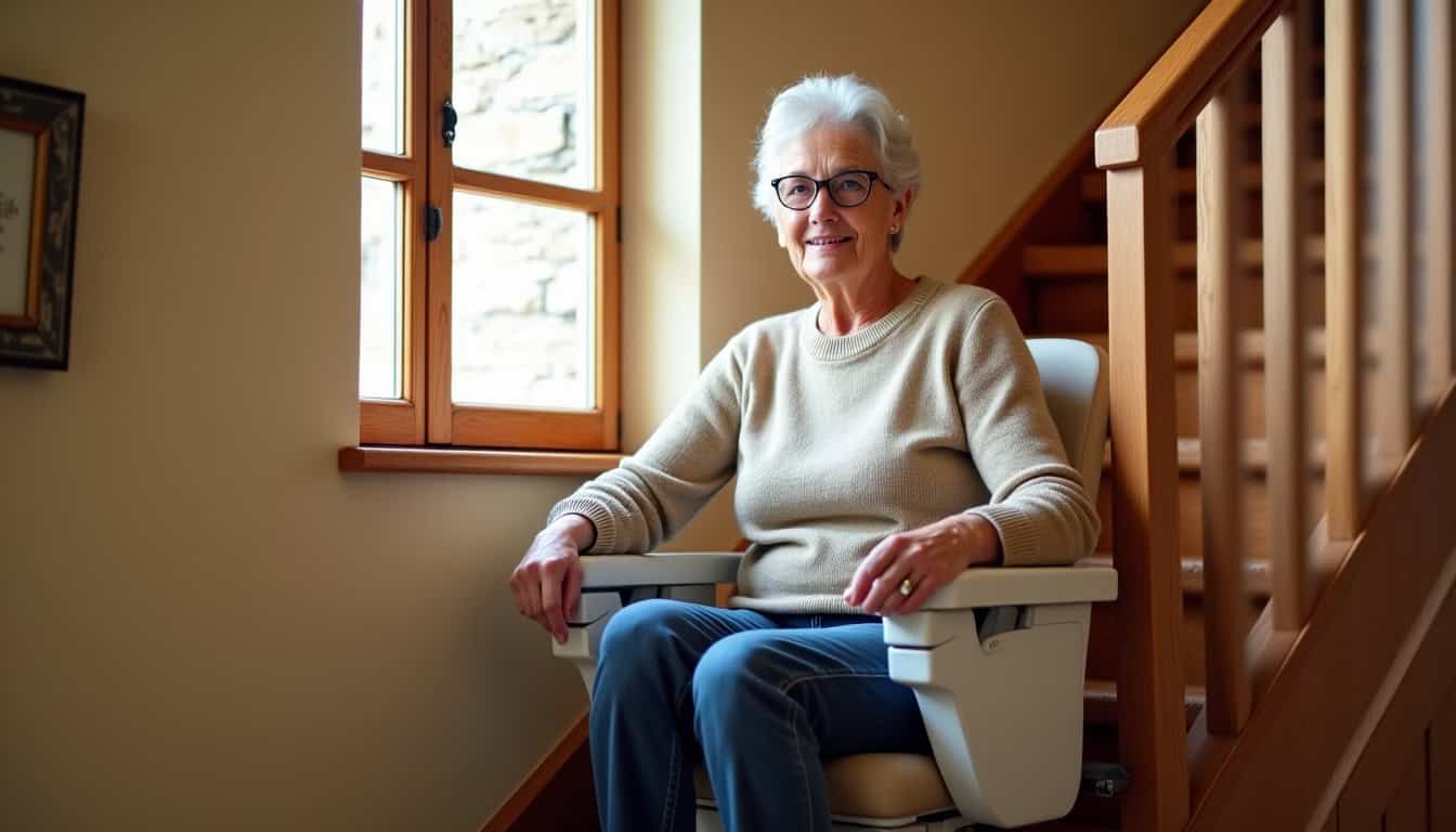 Personne utilisant un monte-escalier intérieur dans une maison traditionnelle à Montrond-les-Bains