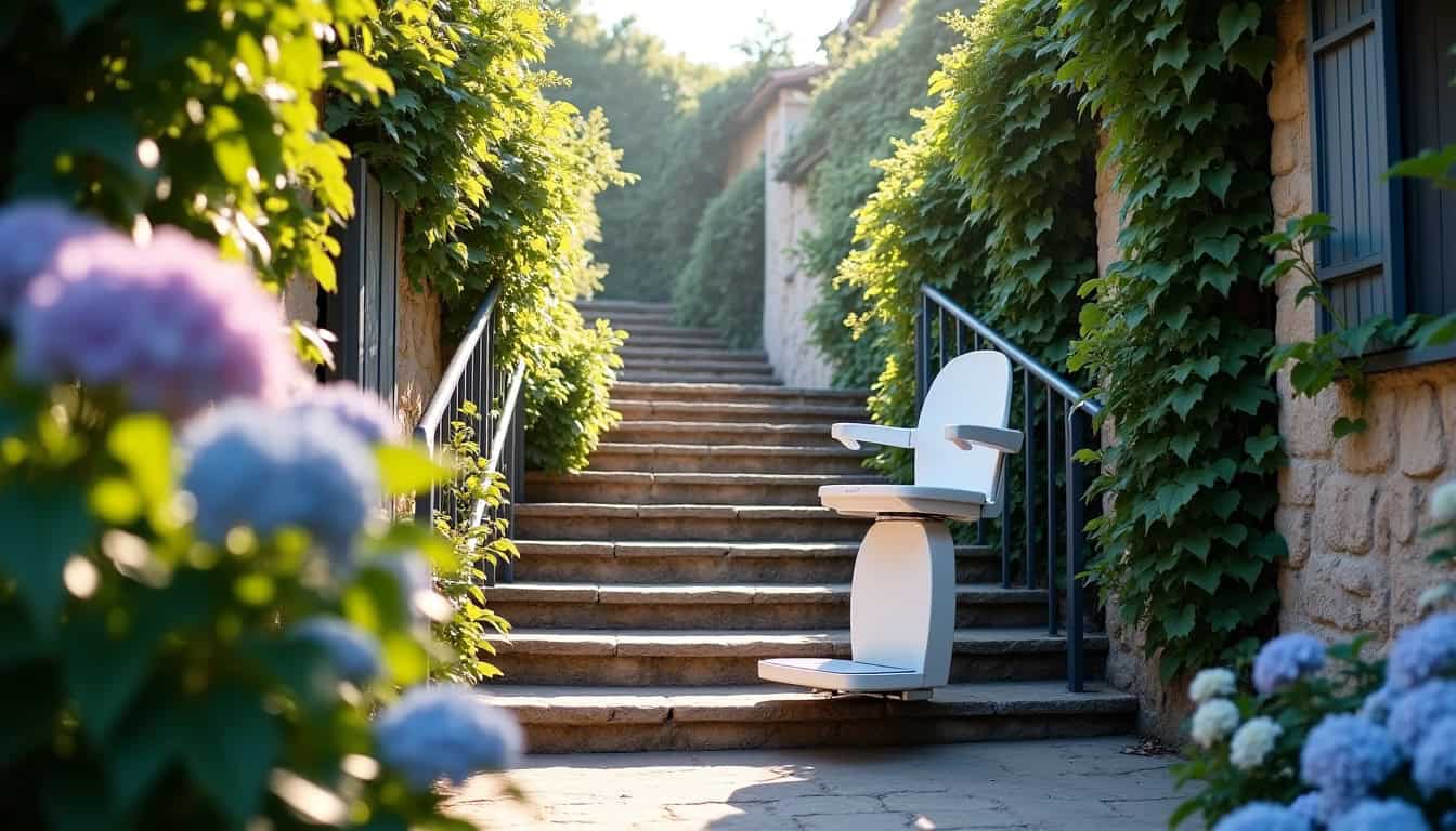 Plateforme élévatrice installée sur un escalier extérieur à Pommeuse