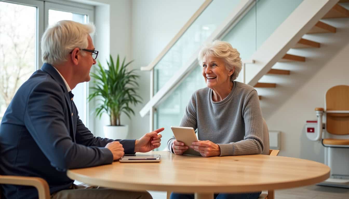 Point conseil Stannah à Pocé-sur-Cisse, Amboise Médical, avec un client en discussion