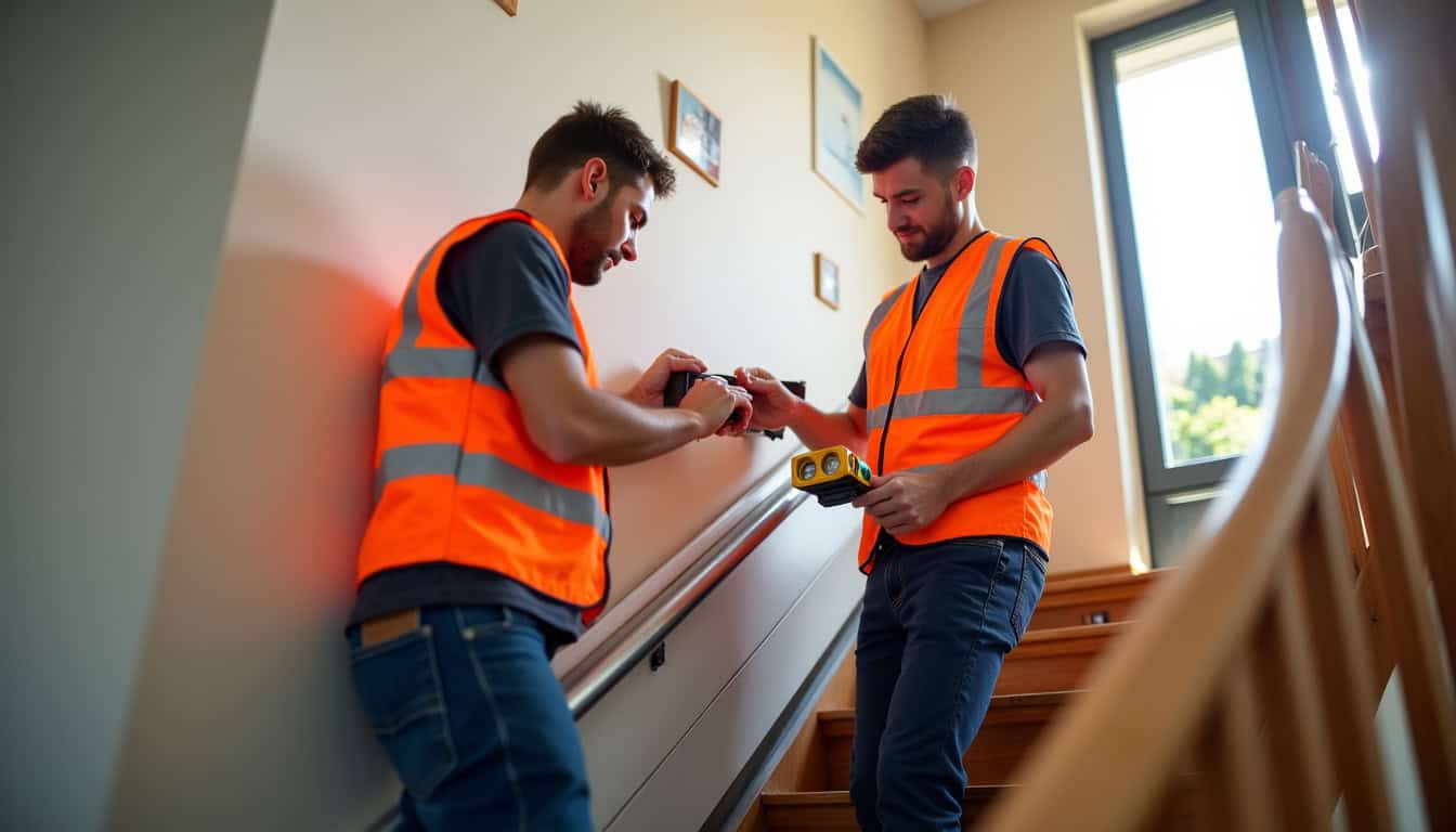 Professionnels installant un monte-escalier dans une habitation de Hettange-Grande