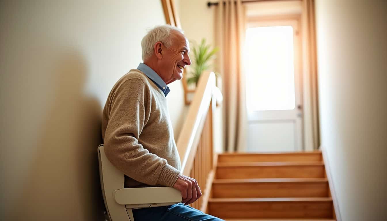 Résident de Tourbes utilisant son monte-escalier avec satisfaction