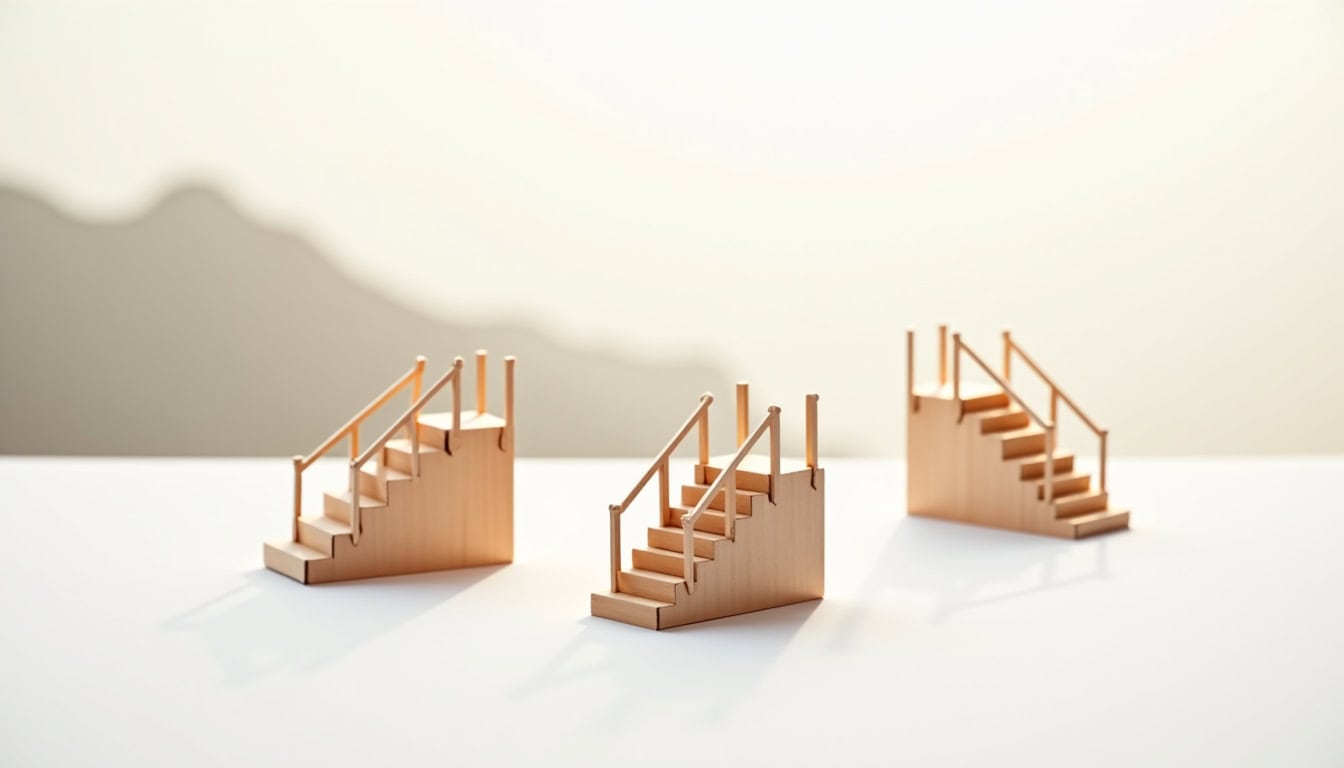 Schéma comparatif des différents types de monte-escaliers: droit, tournant et extérieur, installés dans des maisons de Péron
