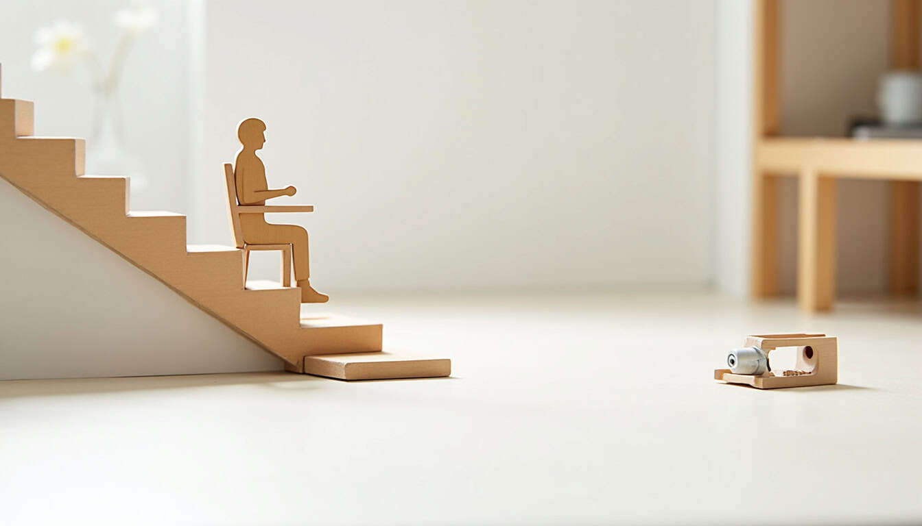 Schéma technique du fonctionnement d’un monte-escalier avec rail, siège et moteur