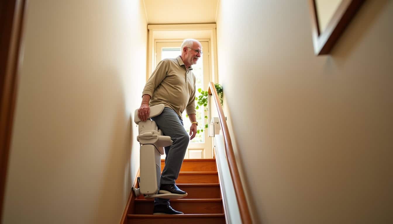 Senior utilisant un monte-escalier dans sa maison à Lesperon