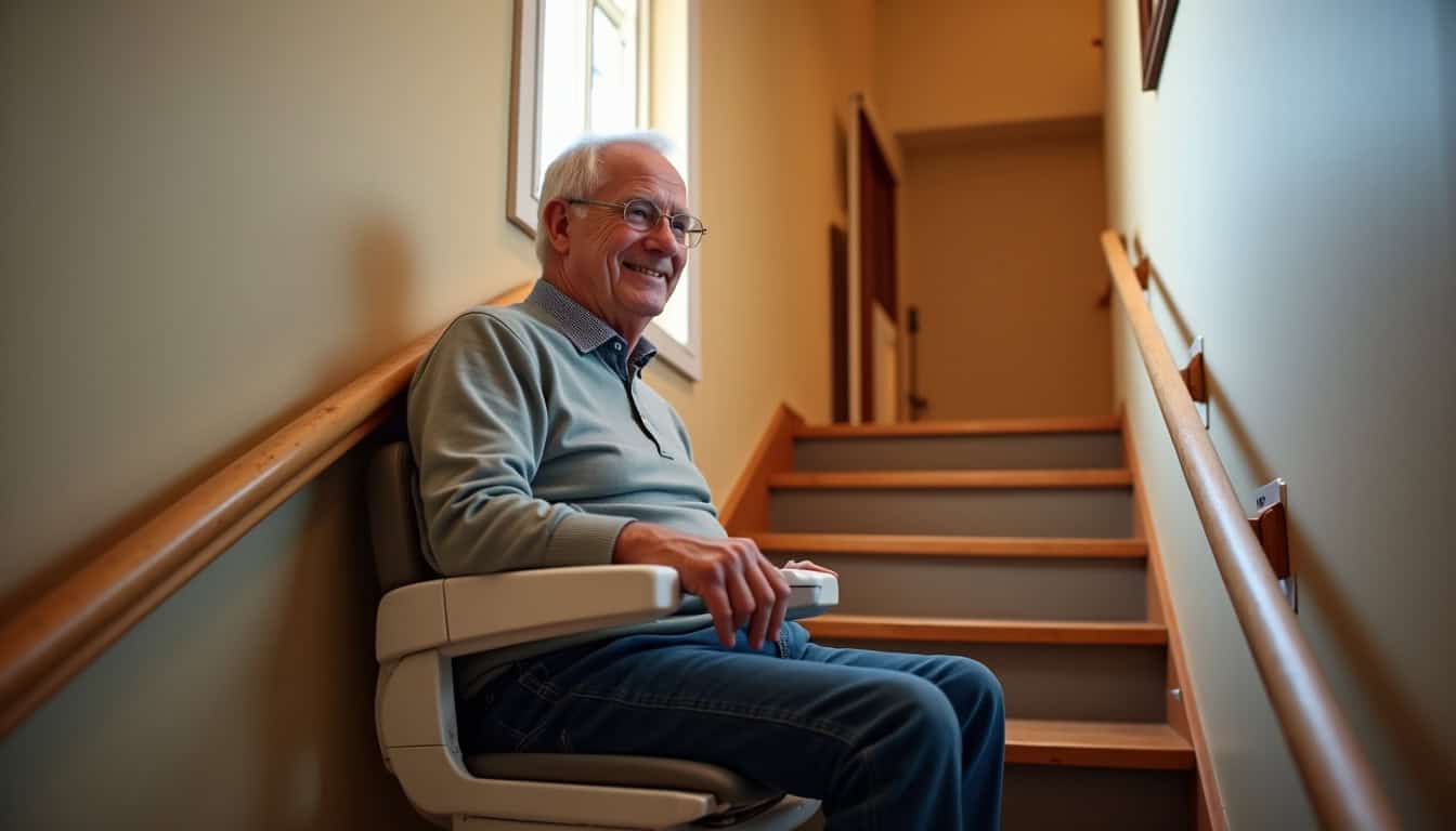 Senior utilisant un monte-escalier dans sa maison