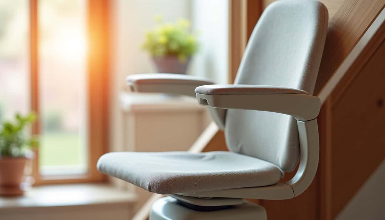 Siège de monte-escalier avec accoudoirs réglables et repose-pieds escamotable