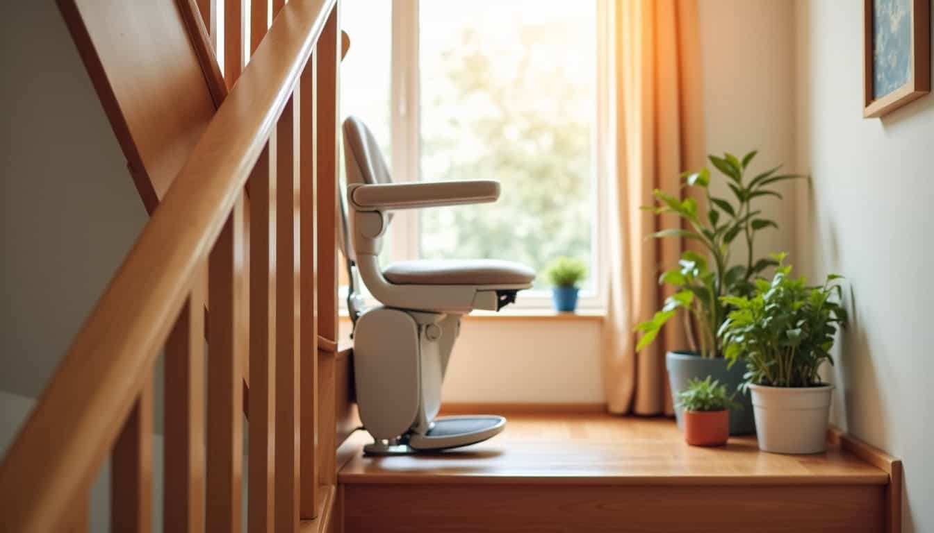 Siège de monte-escalier installé sur un escalier intérieur dans une maison à Vic-sur-Aisne