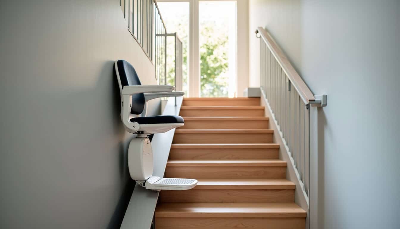Siège monte-escalier droit installé sur un escalier rectiligne à Loriol-sur-Drôme