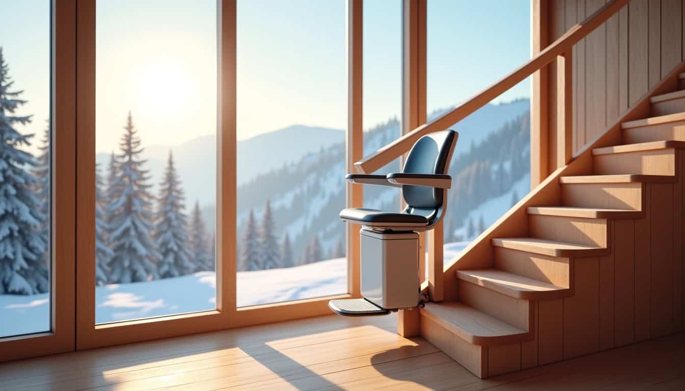 Siège monte-escalier installé dans une maison de Chozeau avec vue sur les montagnes