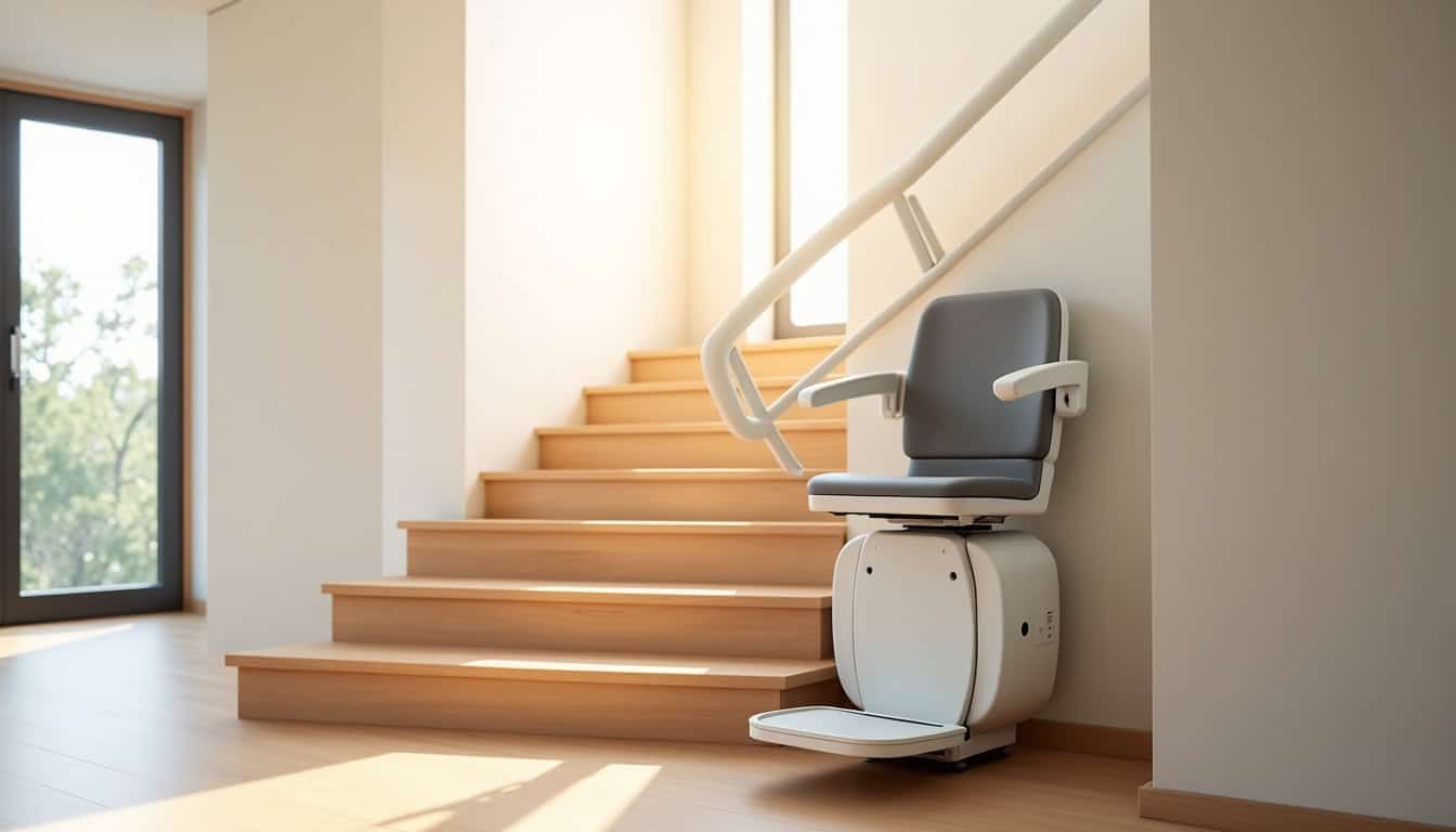 Siège monte-escalier installé sur un escalier droit dans un intérieur à Vorey