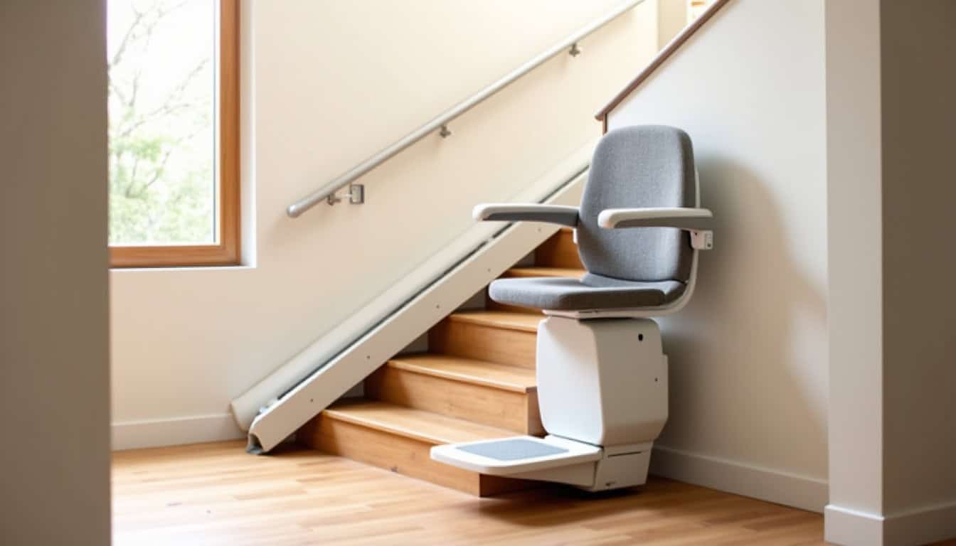 Siège monte-escalier installé sur un escalier tournant à Val-d’Arc