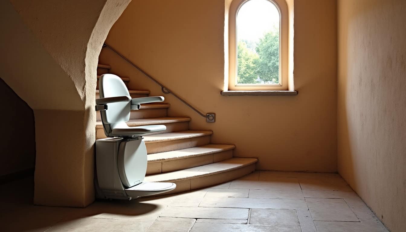 Siège monte-escalier installé sur un escalier tournant en colimaçon dans une maison ancienne de Prunelli-di-Fiumorbo