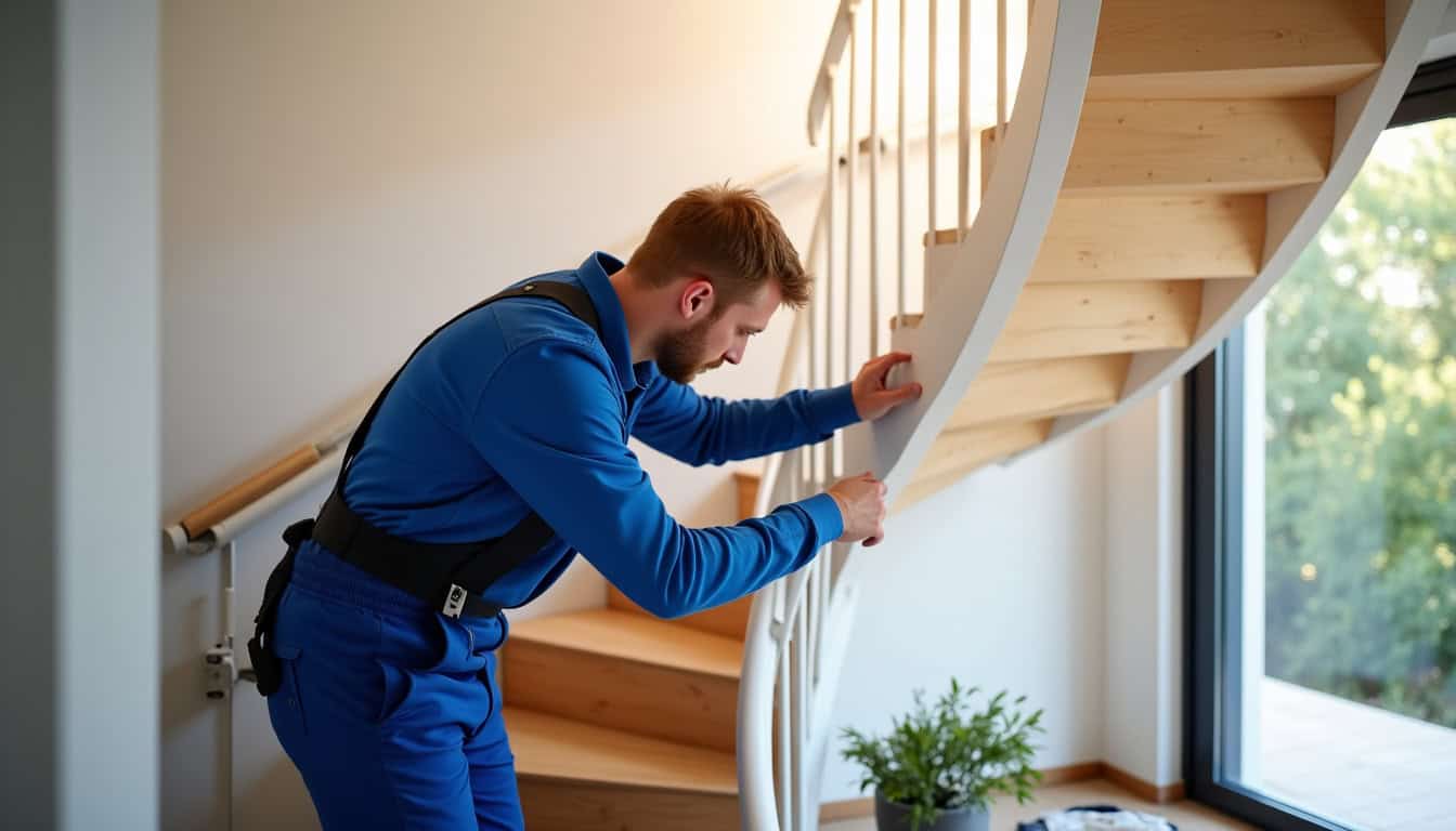Technicien ajustant un rail de monte-escalier tournant à Villeurbanne