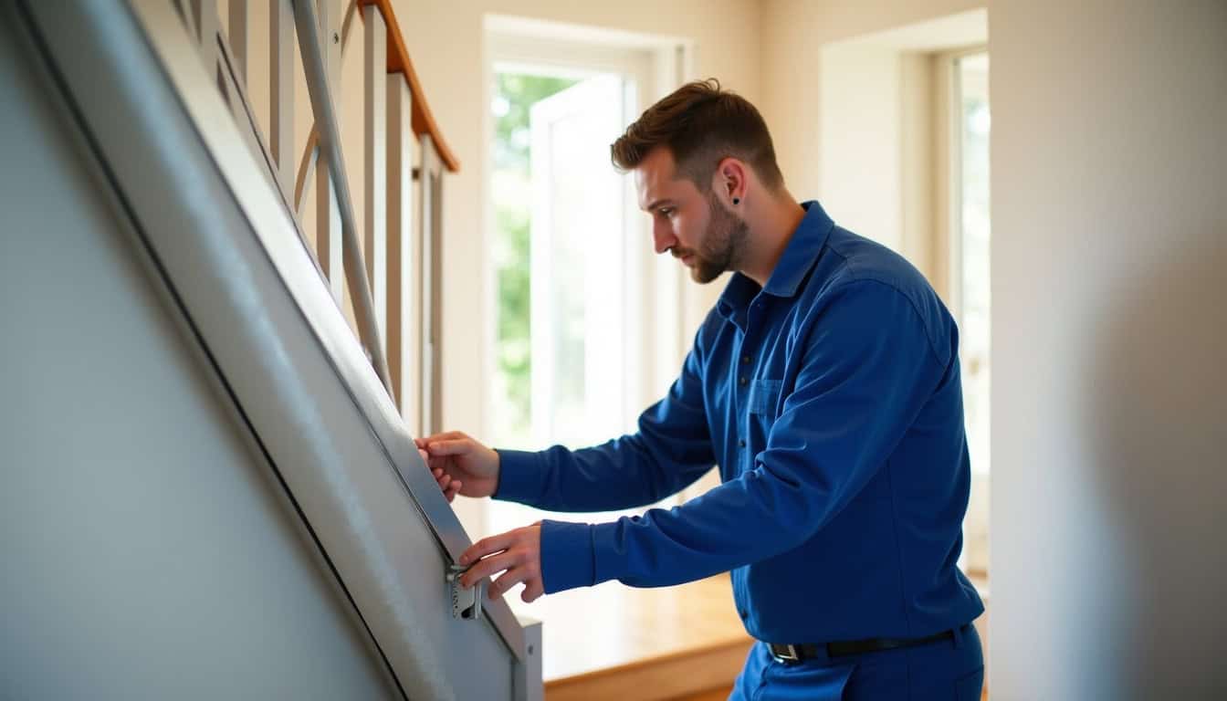 Technicien certifié en train de vérifier un monte-escalier à Valence-en-Poitou