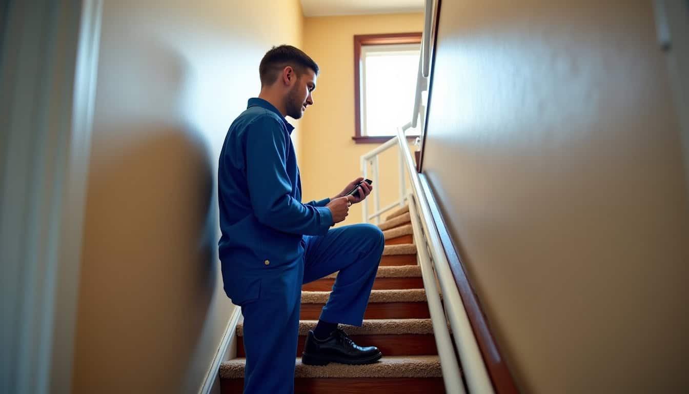 Technicien effectuant la maintenance d’un monte-escalier à Sainte-Croix-aux-Mines