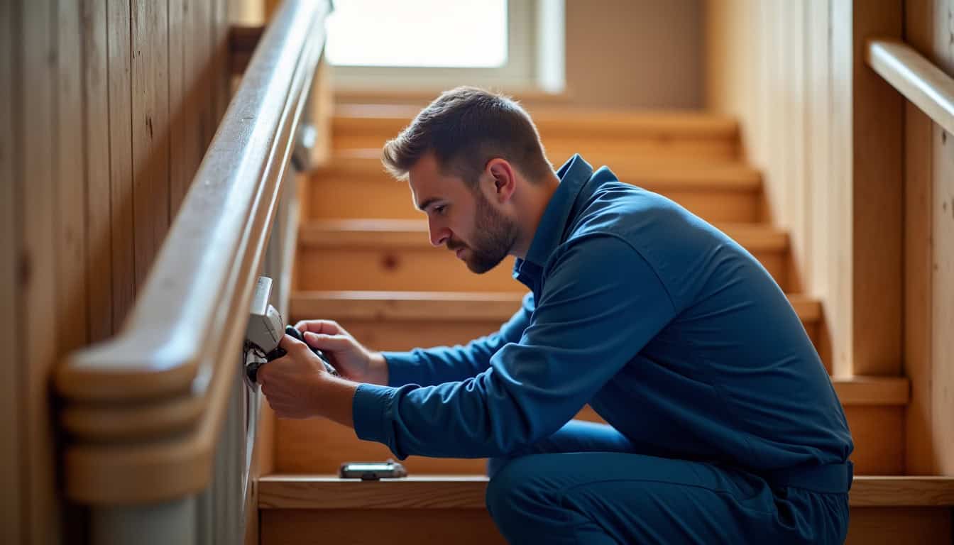 Technicien effectuant la maintenance d’un monte-escalier