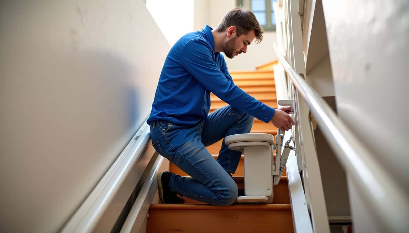 Technicien effectuant l’entretien annuel d’un monte-escalier à Vieille-Église