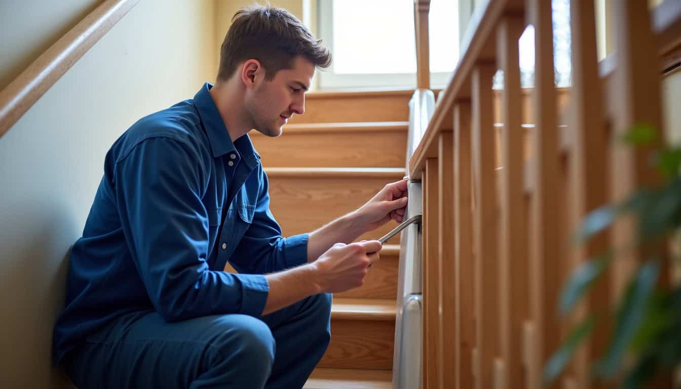 Technicien effectuant l’entretien d’un monte-escalier dans une maison à Desvres