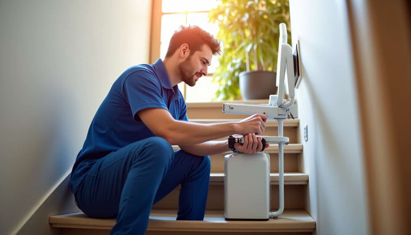 Technicien effectuant un contrôle de maintenance sur un monte-escalier à Limoux