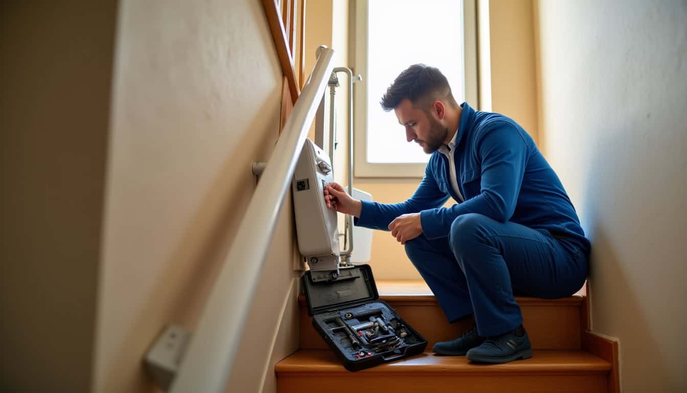 Technicien effectuant un entretien de maintenance sur un monte-escalier à Beaulieu-sous-la-Roche