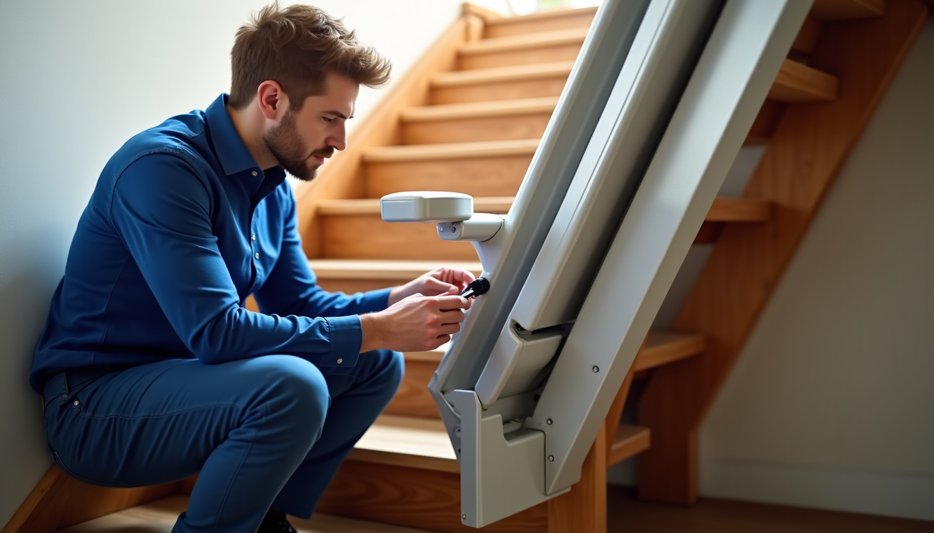 Technicien effectuant un entretien de routine sur un monte-escalier à Port-Jérôme-sur-Seine
