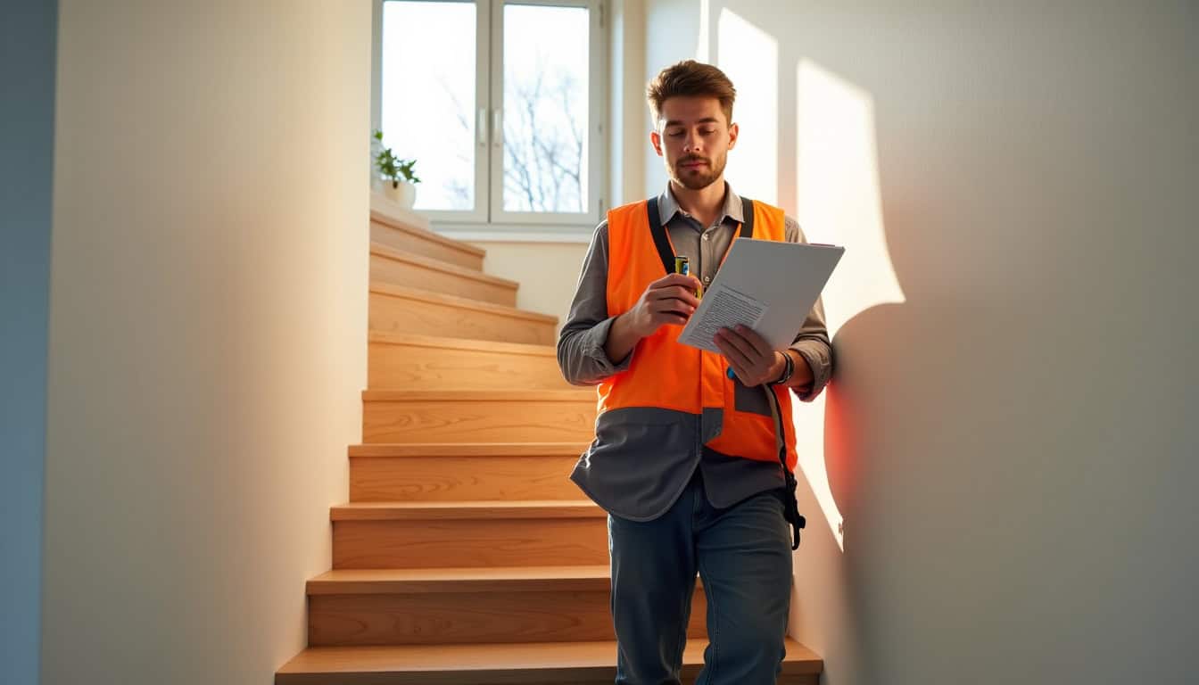 Technicien effectuant une étude pour un monte-escalier à Changis-sur-Marne