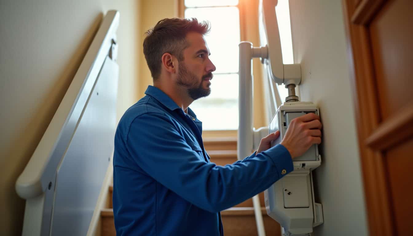 Technicien effectuant une maintenance préventive sur un monte-escalier à Buellas