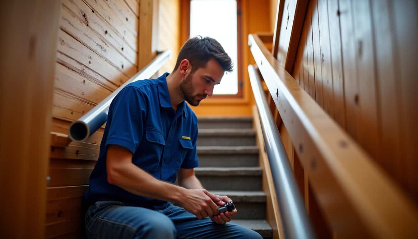 Technicien effectuant une maintenance sur un monte-escalier à Le Deschaux