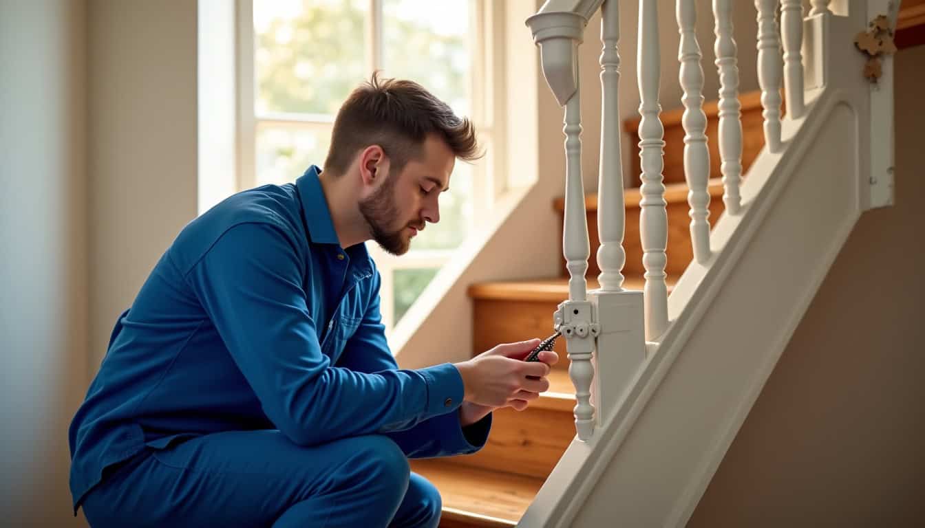 Technicien effectuant une maintenance sur un monte-escalier à Le Loroux-Bottereau