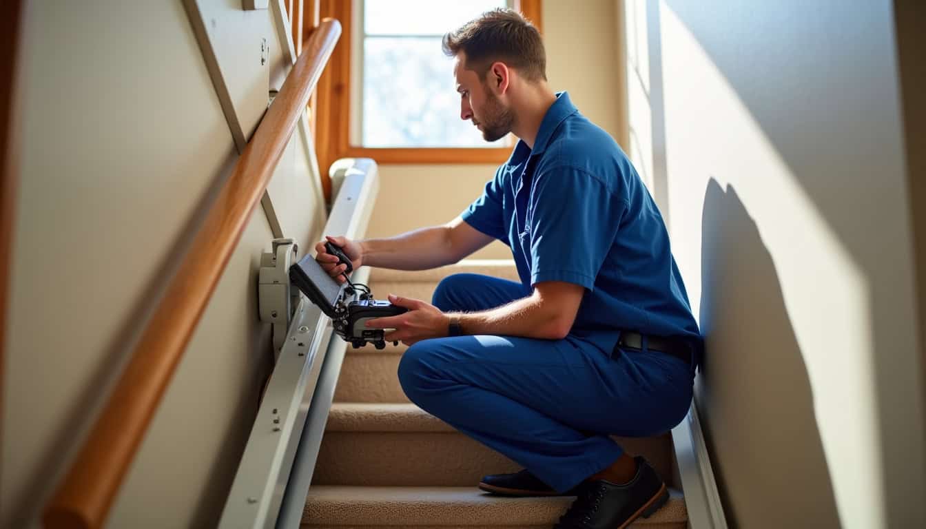 Technicien effectuant une maintenance sur un monte-escalier à Mommenheim
