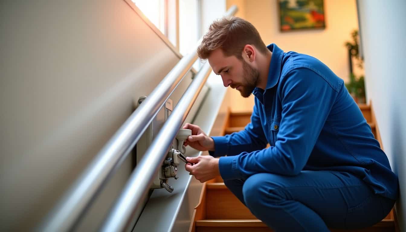 Technicien effectuant une maintenance sur un monte-escalier à Morestel