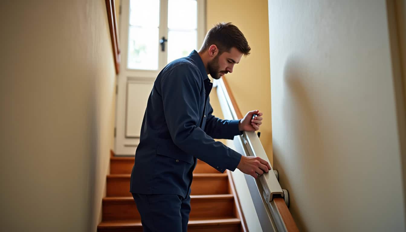 Technicien effectuant une maintenance sur un monte-escalier à Neufchâtel-en-Bray