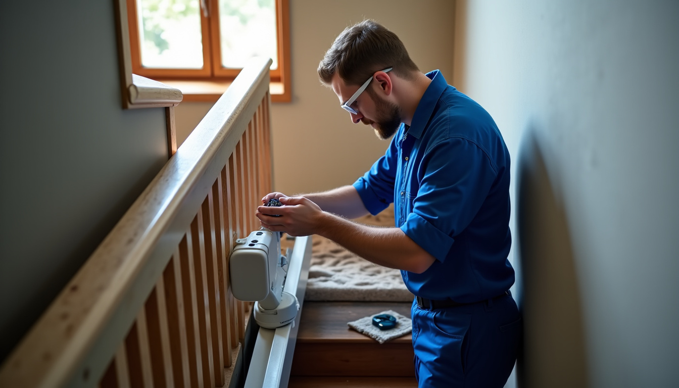 Technicien effectuant une maintenance sur un monte-escalier à Pourrain