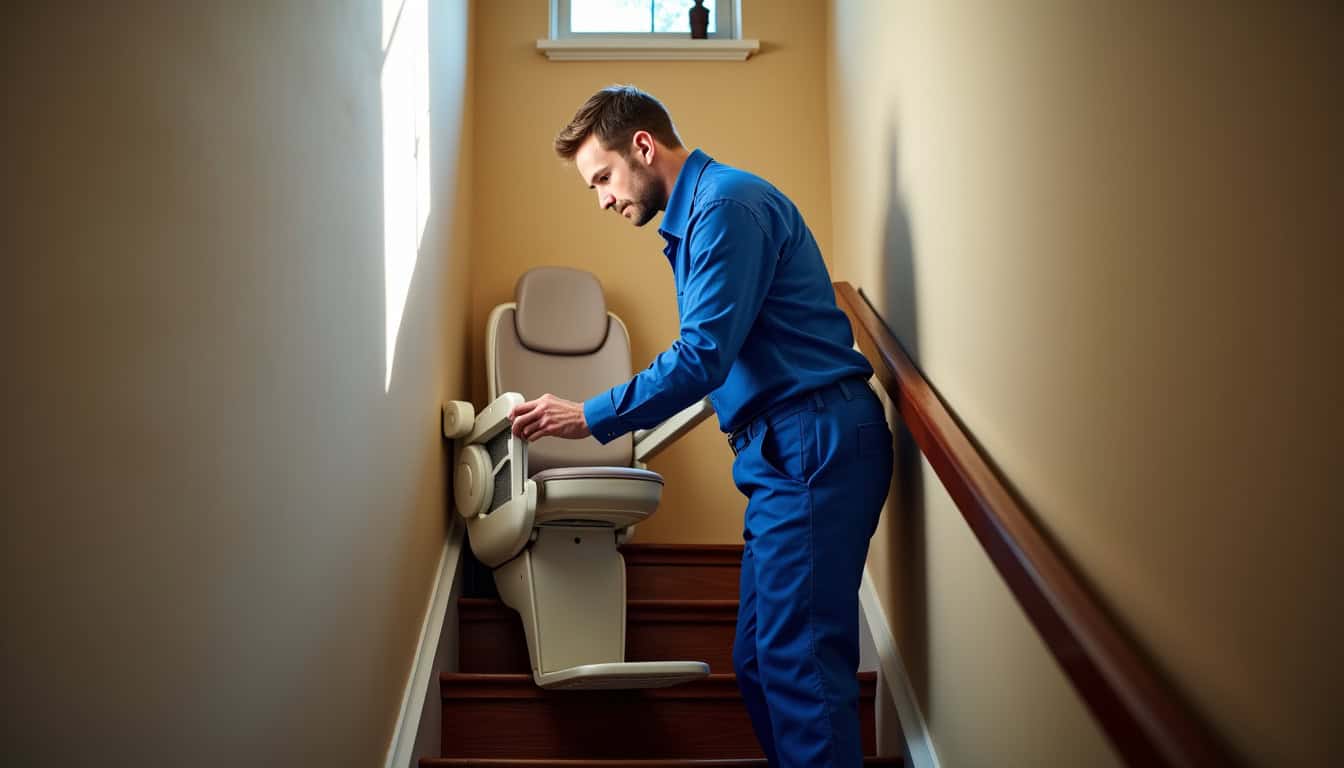 Technicien effectuant une maintenance sur un monte-escalier à Saint-Just-Sauvage
