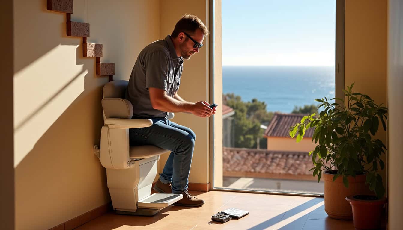 Technicien en cours d’installation d’un monte-escalier à Ajaccio