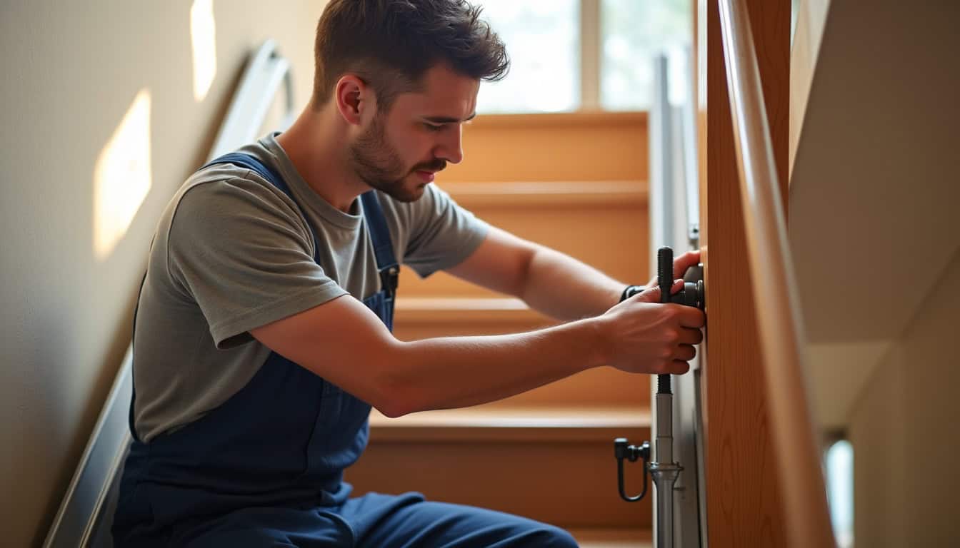 Technicien en tenue de travail installant un monte-escalier à Bazas, en train de fixer un rail sur un escalier en bois