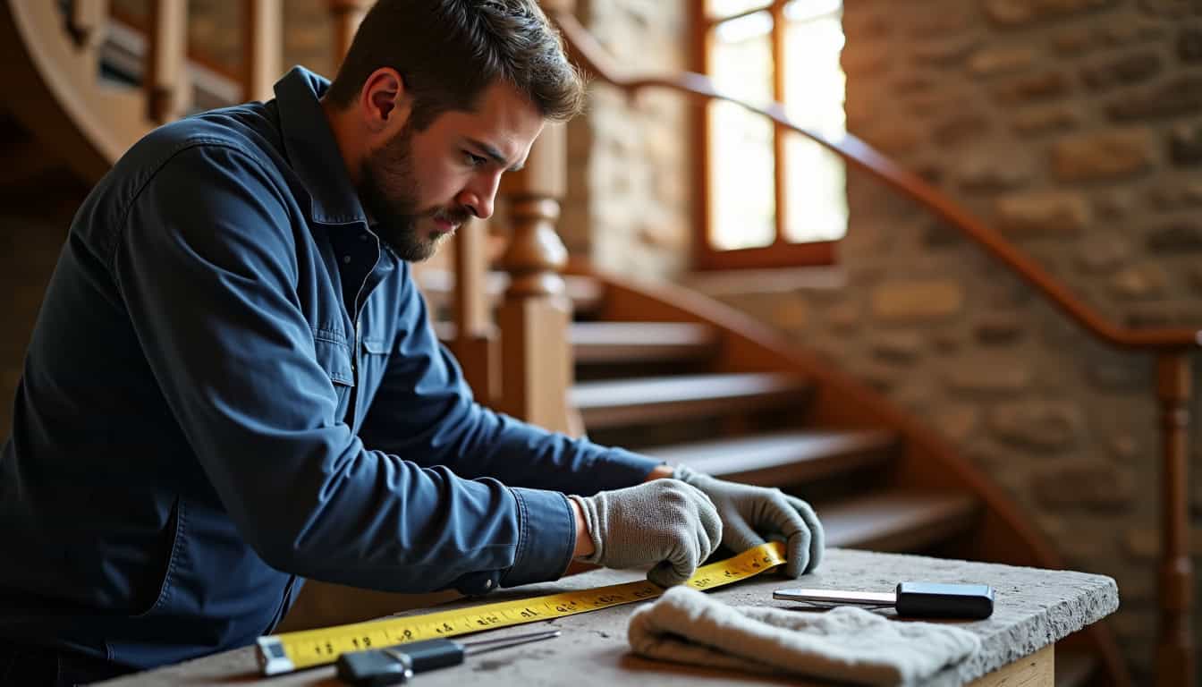 Technicien en train de mesurer précisément un escalier en colimaçon pour une installation sur mesure dans le département de l