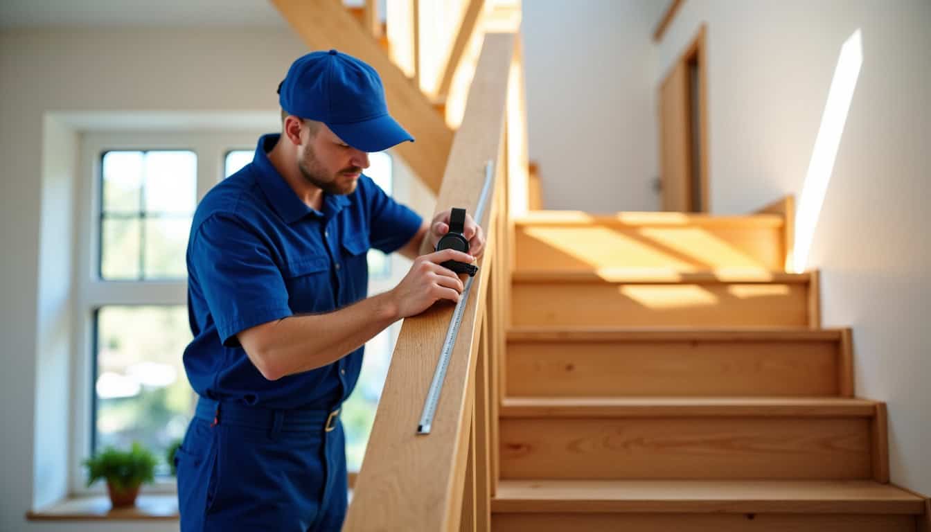 Technicien en train de mesurer un escalier à Aussonne pour un devis de monte-escalier