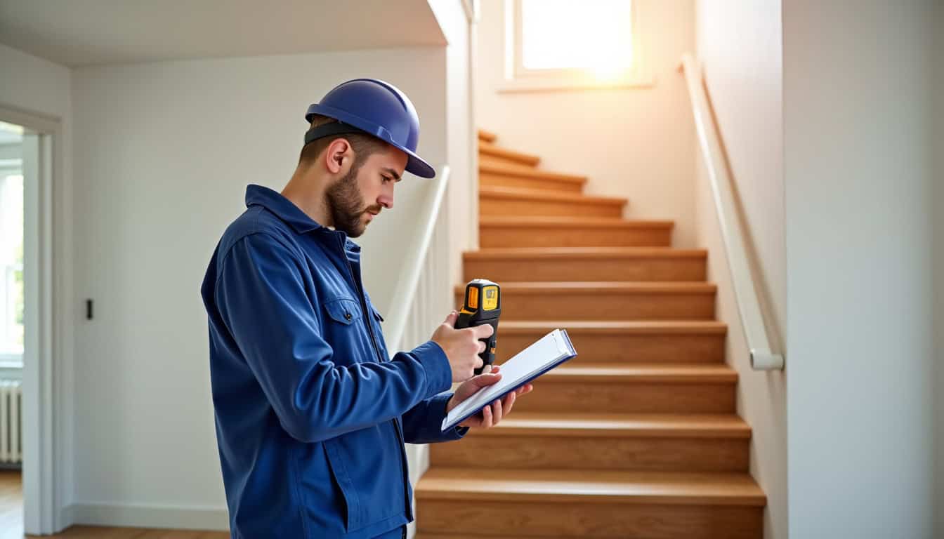 Technicien en train de mesurer un escalier à Balagny-sur-Thérain pour une installation sur mesure