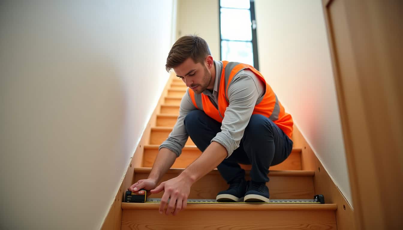 Technicien en train de mesurer un escalier à Burbure pour l