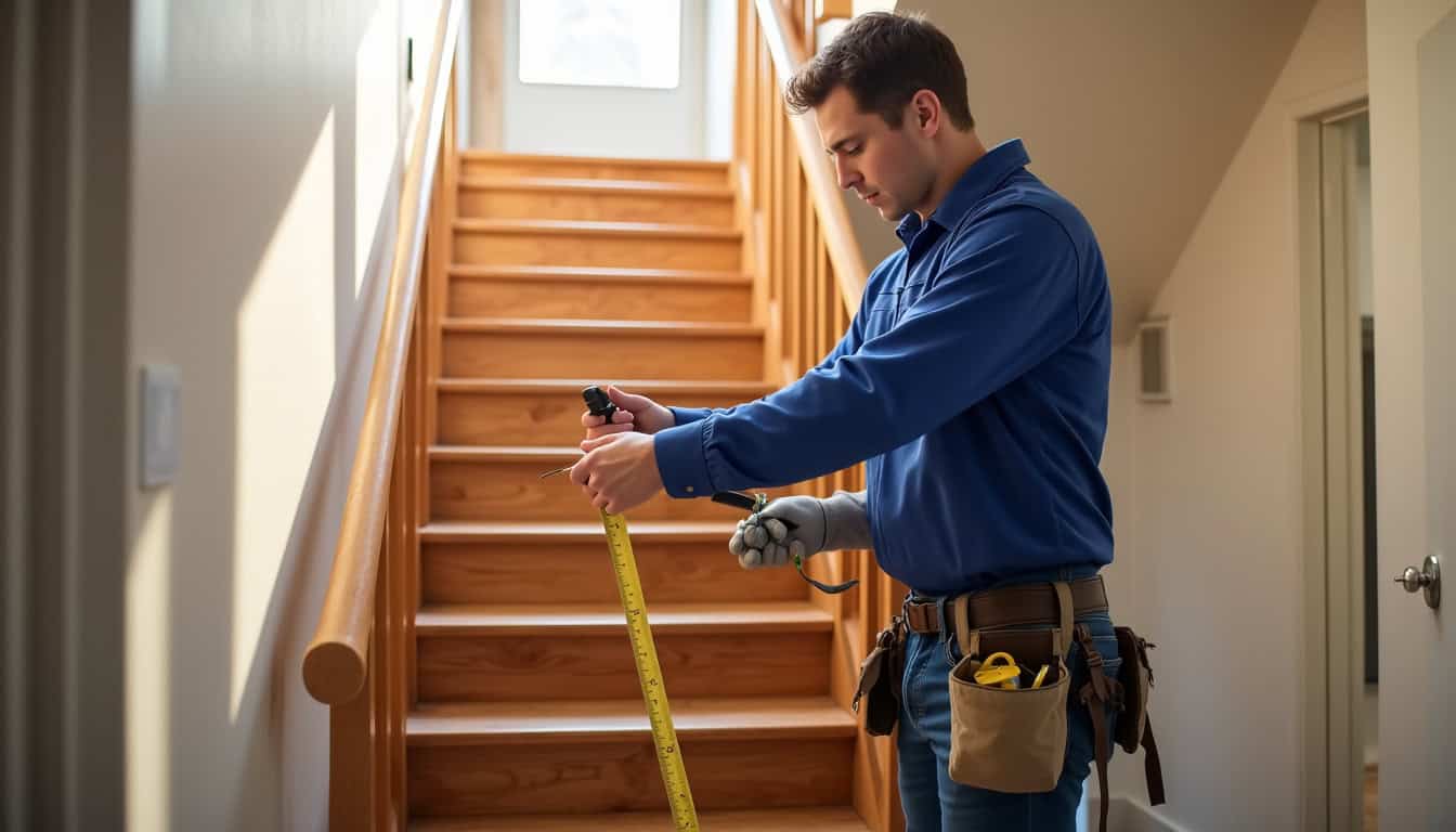 Technicien en train de mesurer un escalier à Guiche pour une installation sur mesure