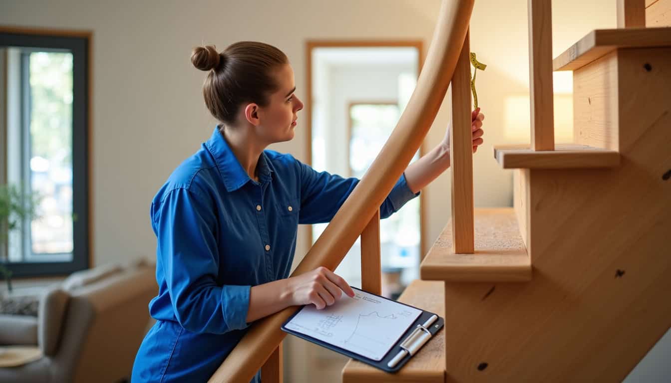 Technicien en train de mesurer un escalier à Luzinay pour un devis de monte-escalier