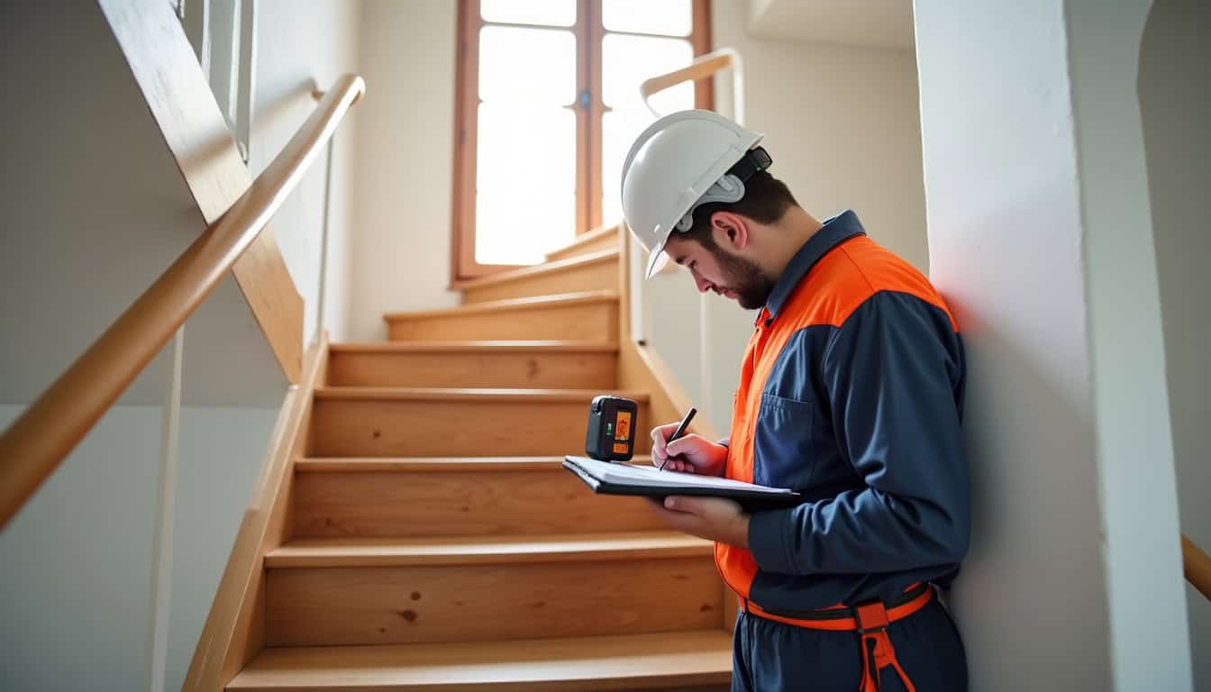 Technicien en train de mesurer un escalier à Mouchamps pour une installation sur mesure