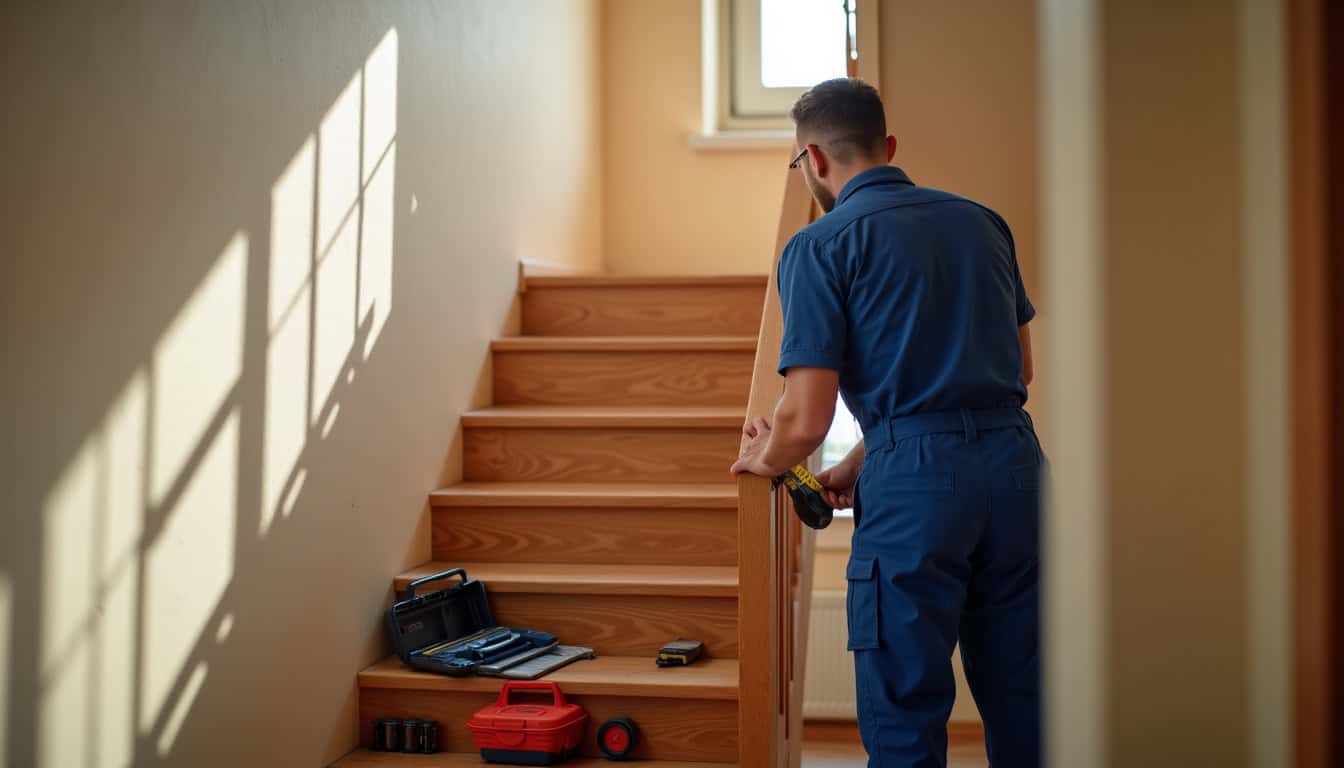 Technicien en train de mesurer un escalier à Niévroz pour installation de monte-escalier