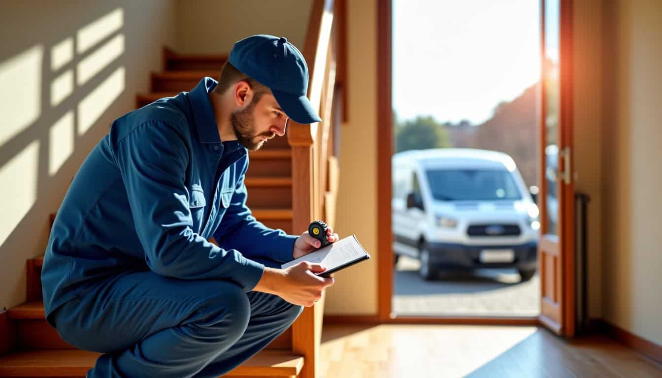 Technicien en train de mesurer un escalier à Origny-Sainte-Benoite pour un devis gratuit de monte-escalier